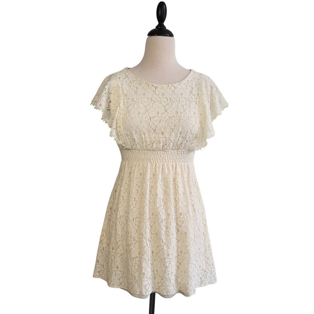 White Lace Smocked Mini Dress Empire Waist Flutter Short Sleeve Coquette S Cream